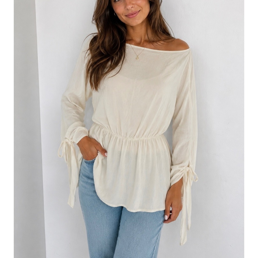 Alexis Silk Blouse Women Small Cream Good Off Shoulder Tie Sleeve P27